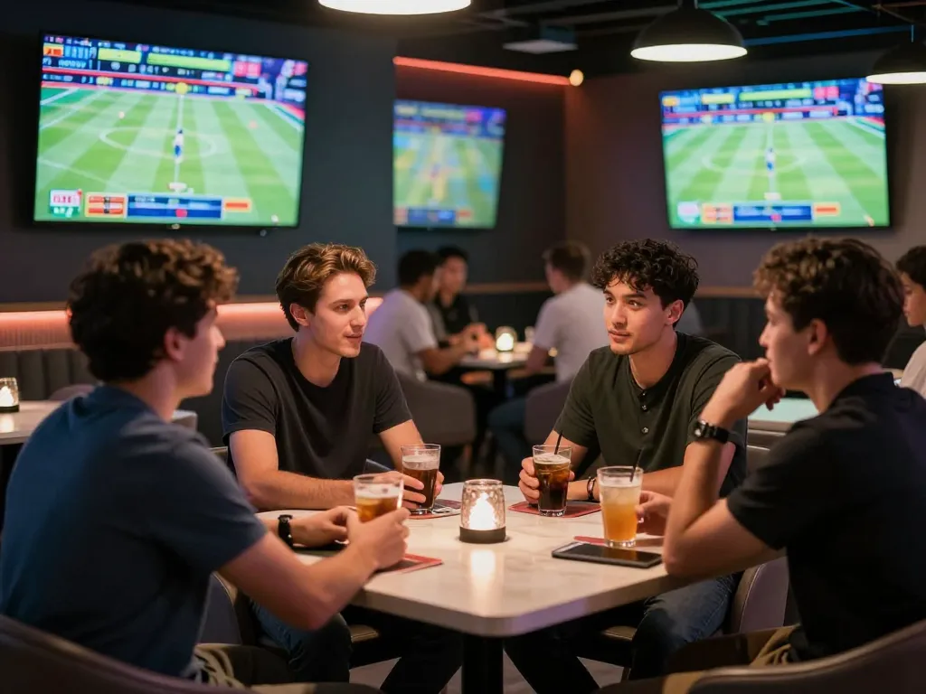 3Bet enthusiasts discussing strategies in a vibrant sports betting lounge filled with excitement