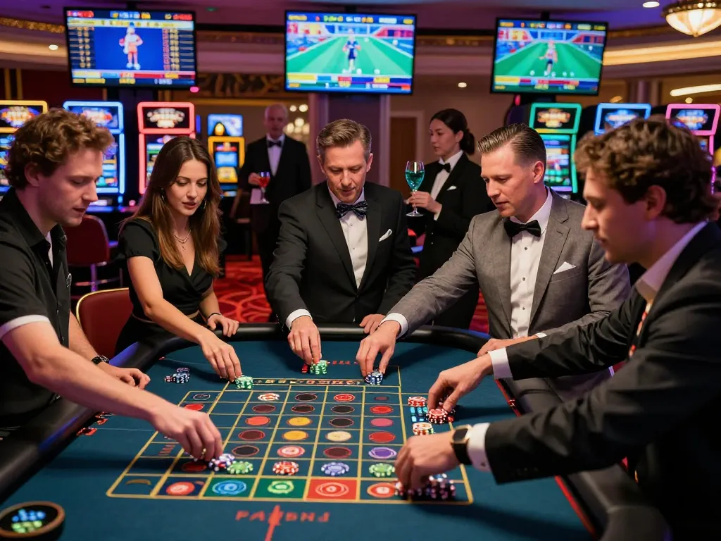 Exciting gambling scene at https://gem88.com.mx/, players enjoying roulette with vibrant casino atmosphere.