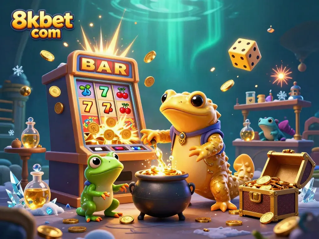 Experience the magic of 8xbet com with a golden alchemist creating coins in a vibrant casino world.