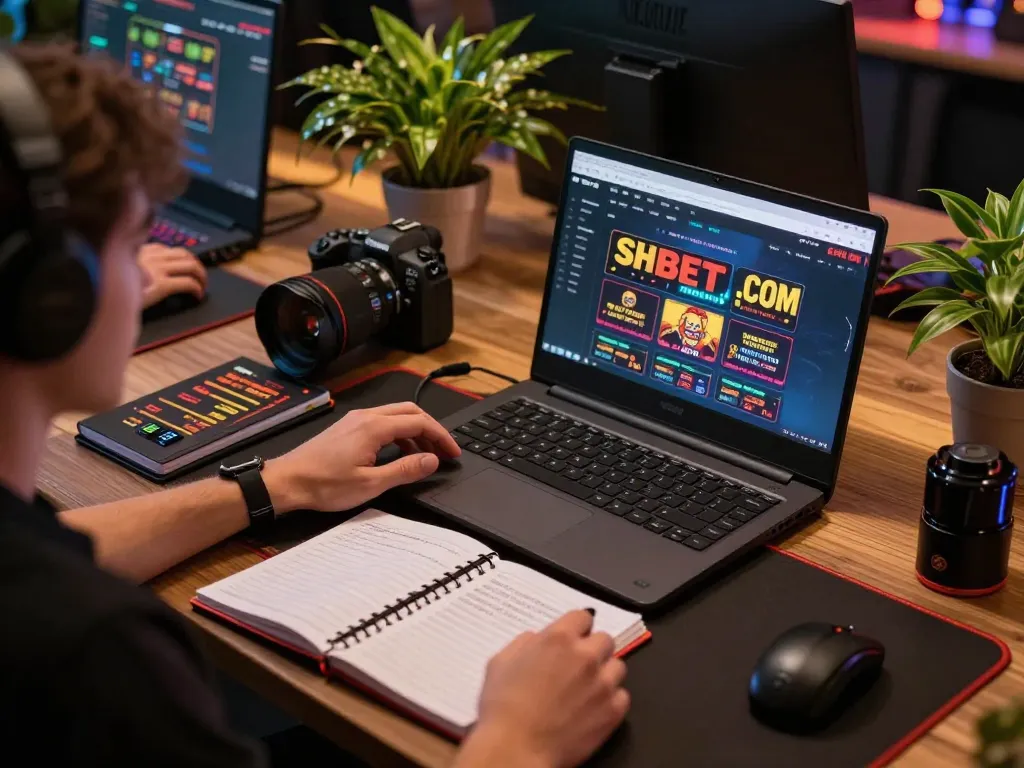 Engaged player analyzing SHBET .COM gaming strategies at home while enjoying online betting session.