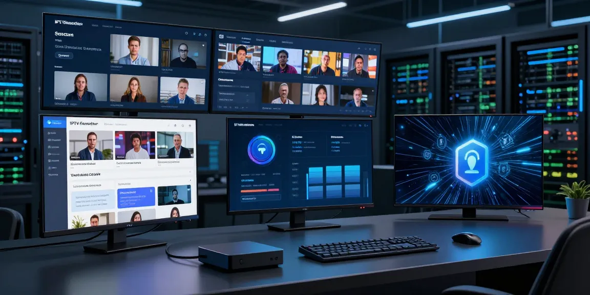 Iptv reseller panel showcasing cloud computing features for managing subscriptions, AI technology for support, and cybersecurity measures.