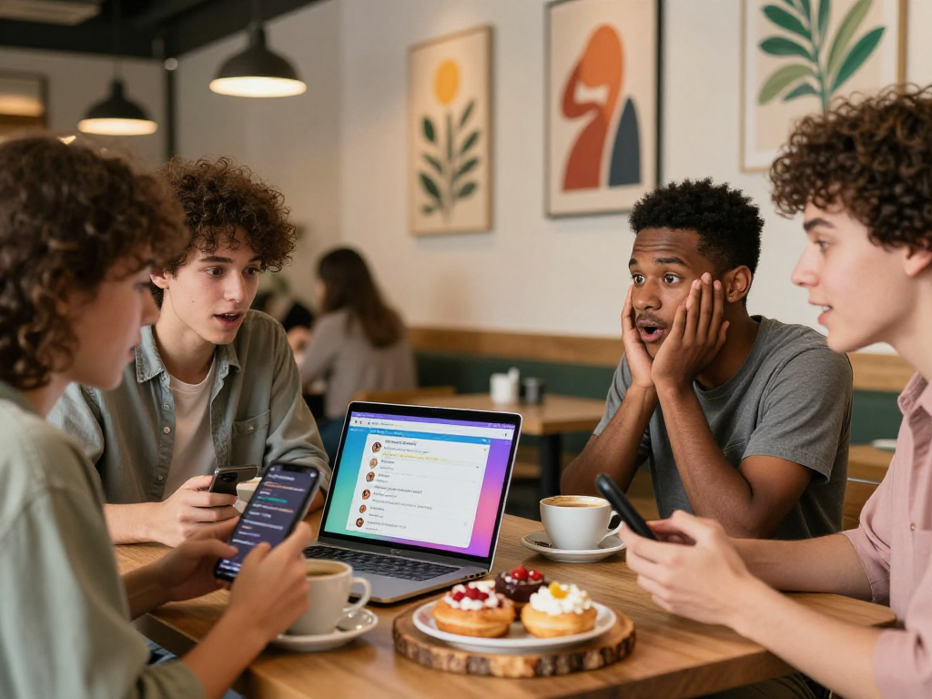 Excited young adults in a cozy café discussing spicychat features over coffee.