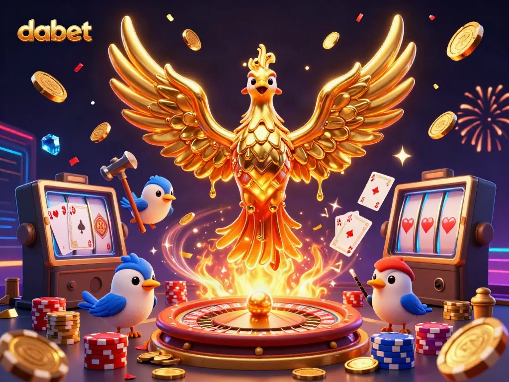 Dabet's molten golden phoenix and sparrow assistants soaring amidst dynamic casino elements, showcasing thrilling gaming excitement.