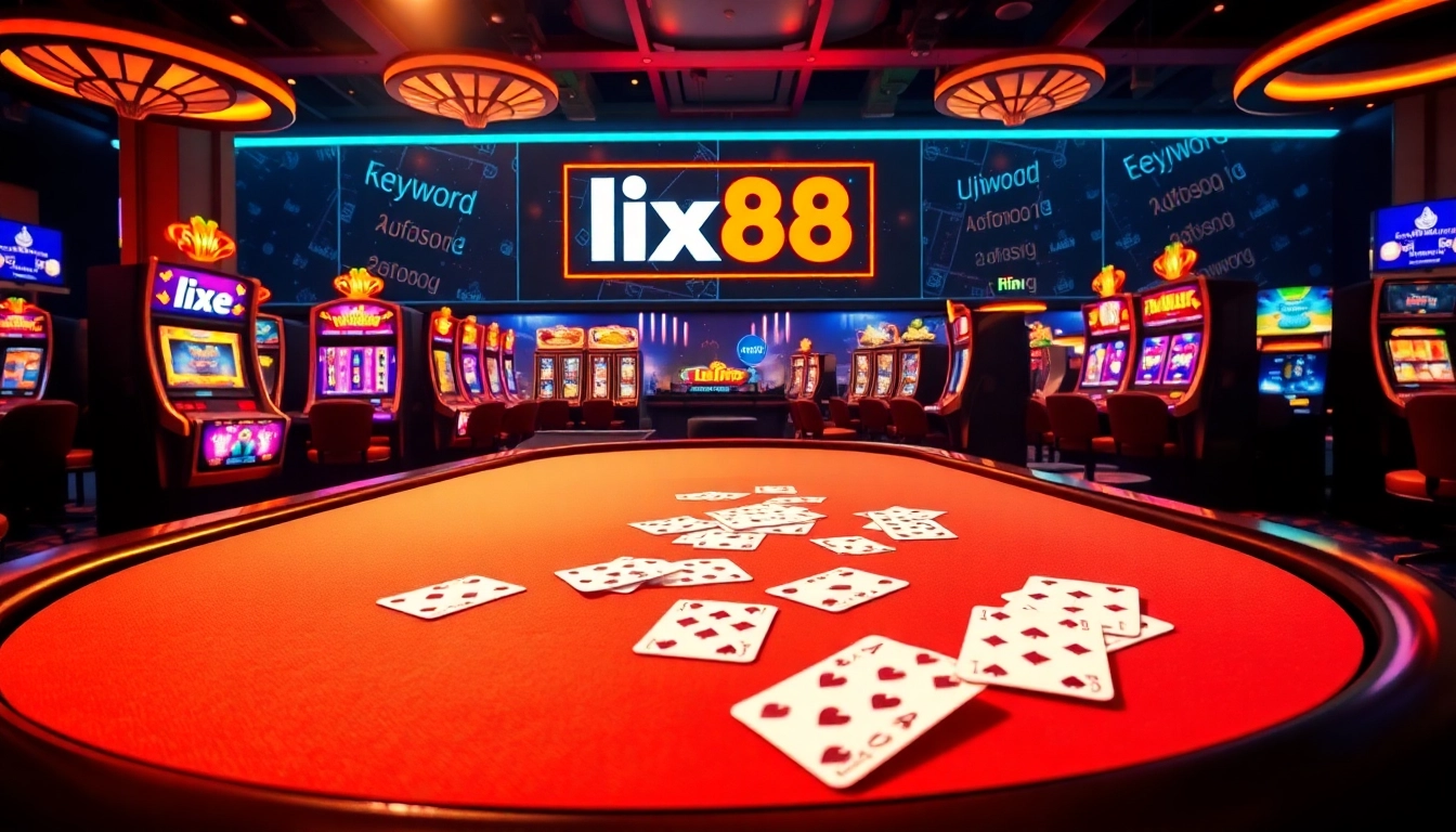 Lively online gambling atmosphere illustrating lixi88 đăng nhập with poker tables and colorful slot machines.