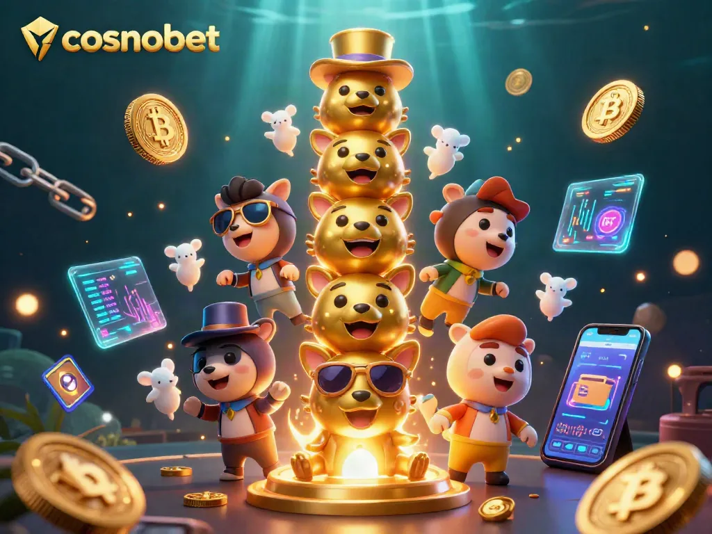 Experience the thrill of Cosmobet with a vibrant, detailed 3D casino scene bursting with cryptocurrency elements.