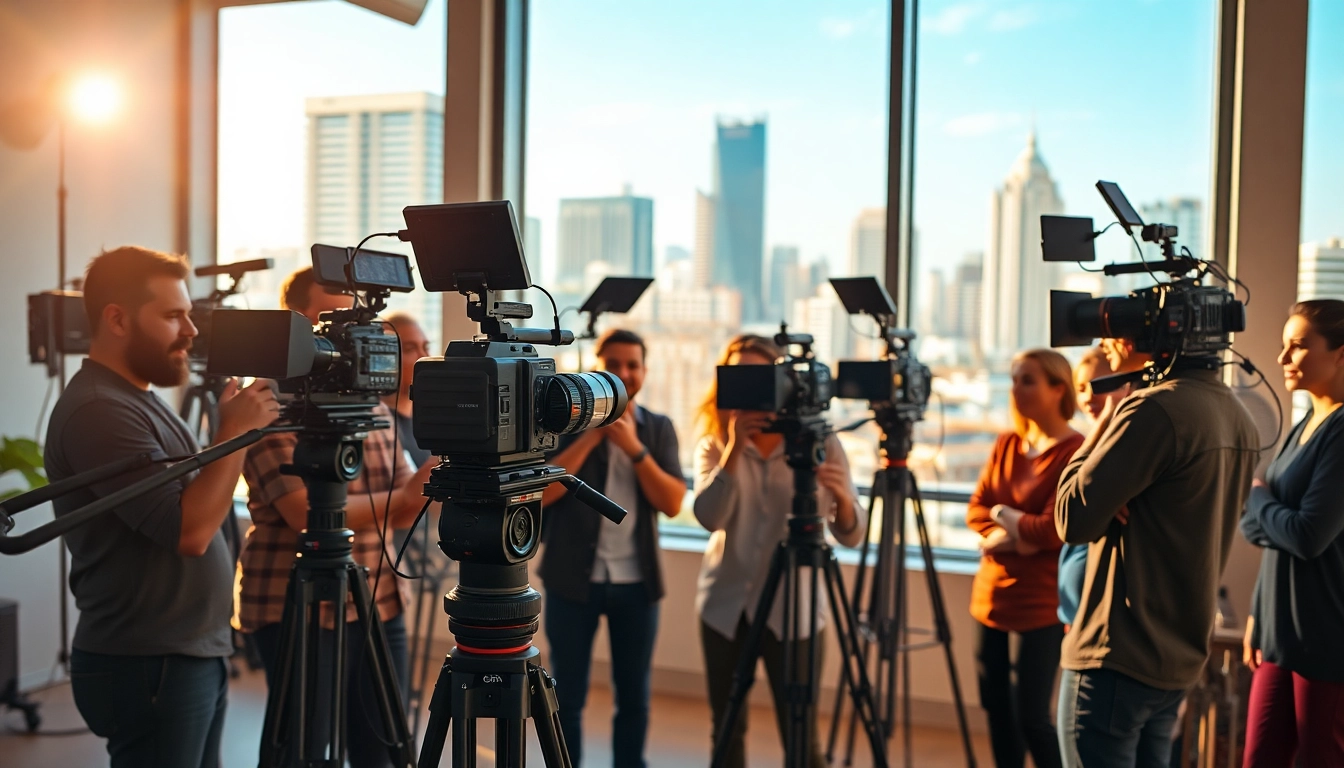 Video production agency collaborating creatively in a professional studio environment.
