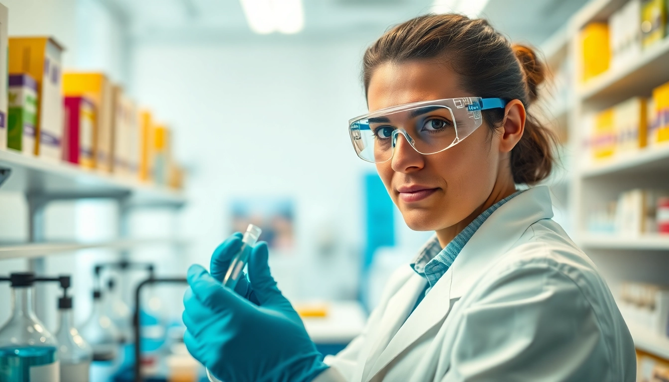 Scientist analyzes samples of Retatrutide in a vibrant laboratory filled with advanced equipment.
