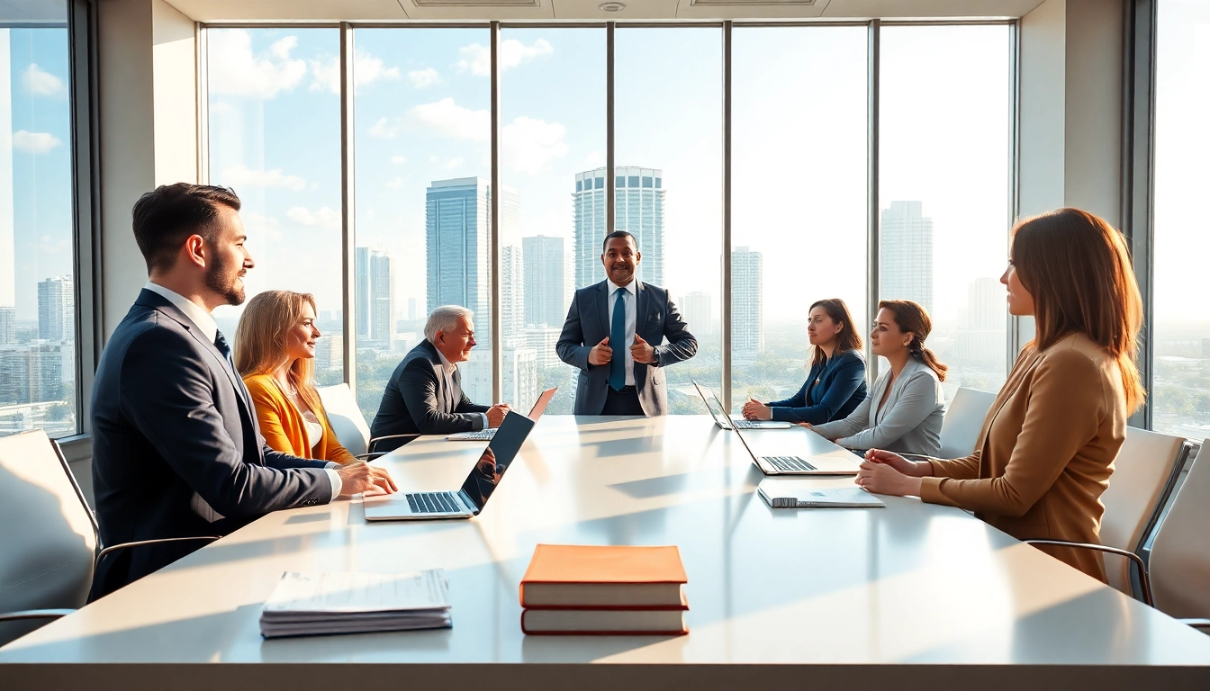 Business lawyer in the US consulting diverse clients in a modern Miami office, highlighting professionalism and collaboration.