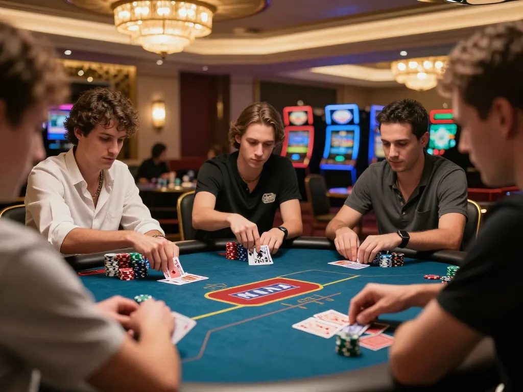 Players engaged in high-stakes poker at CM88's luxurious gaming table, showcasing excitement and strategy.