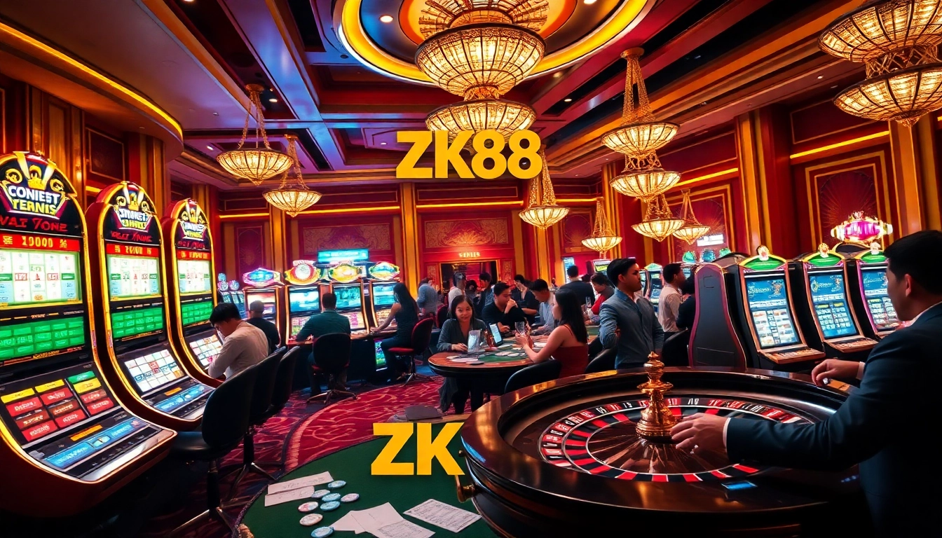Experience excitement at the ZK88 casino with vibrant slot machines and engaging players.