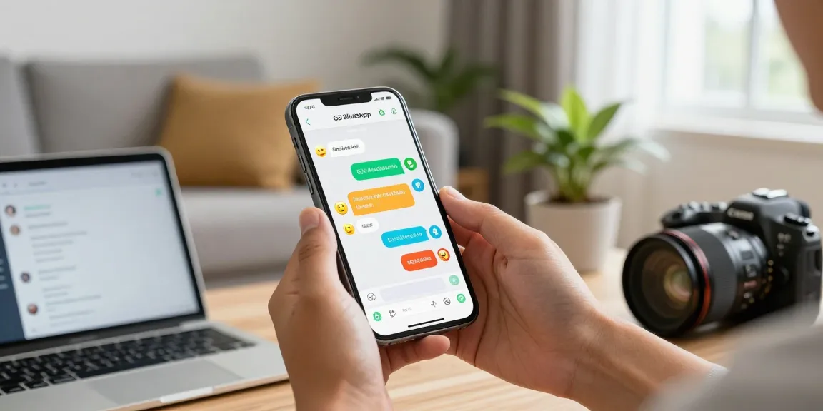 Interactive user experience of gb whatsapp app displayed on a smartphone in a modern living room setting.