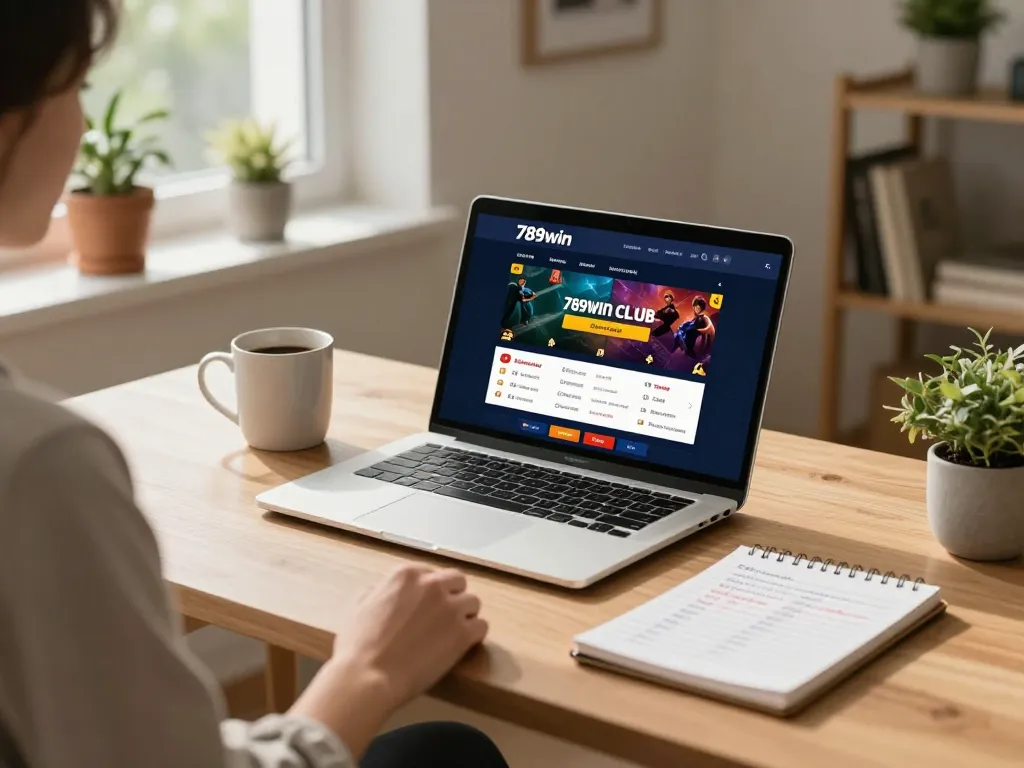 Engaged user interacts with 789win club on laptop, planning strategic bets in a cozy home setup.