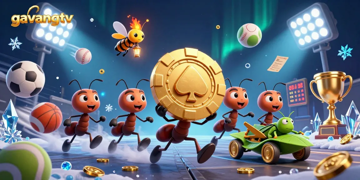 Experience exciting sports betting with gavangtv's dynamic character scene featuring cartoon ants, sports balls, and vibrant action.