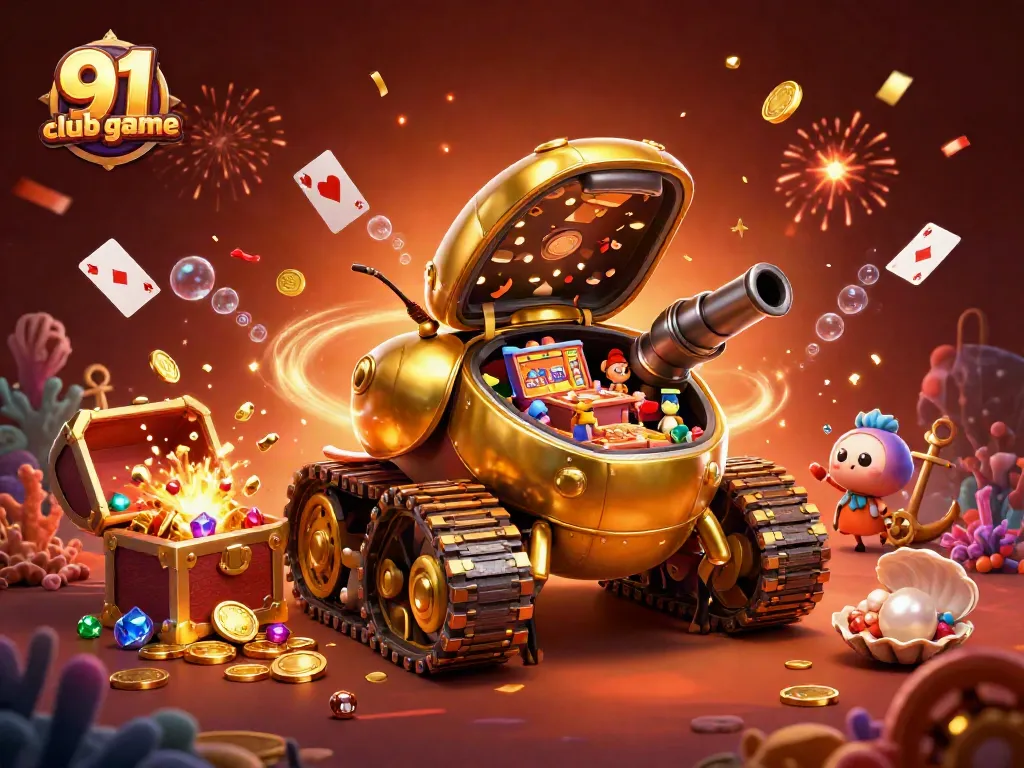 Engage in the 91 club game with a stylish, colorful casino tank illustration showcasing vibrant gaming elements.