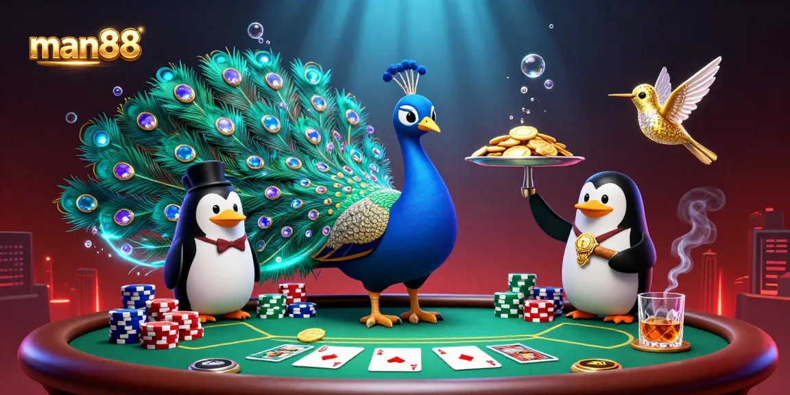 Engage in thrilling poker action with man88's vibrant casino scene, showcasing unique characters and game elements.