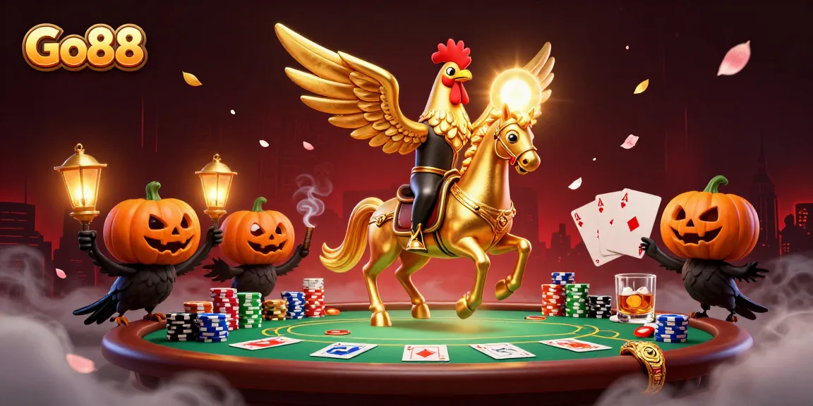 Experience thrilling gameplay at Go88 with our unique golden rooster mascot surrounded by casino elements.