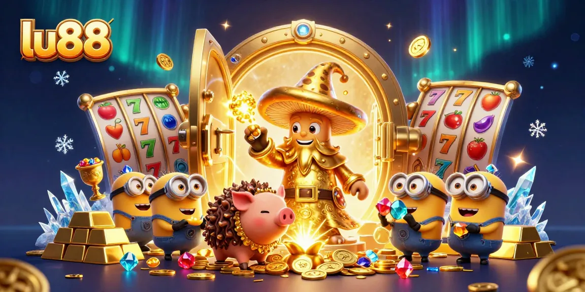 Spin to win with lu88's enchanting golden mushroom wizard amidst treasures and gaming elements.