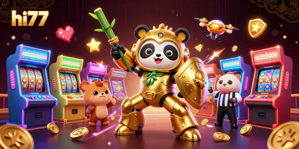 Engage with hi77's vibrant casino experience featuring a mech-suit panda in a dynamic gaming arena.