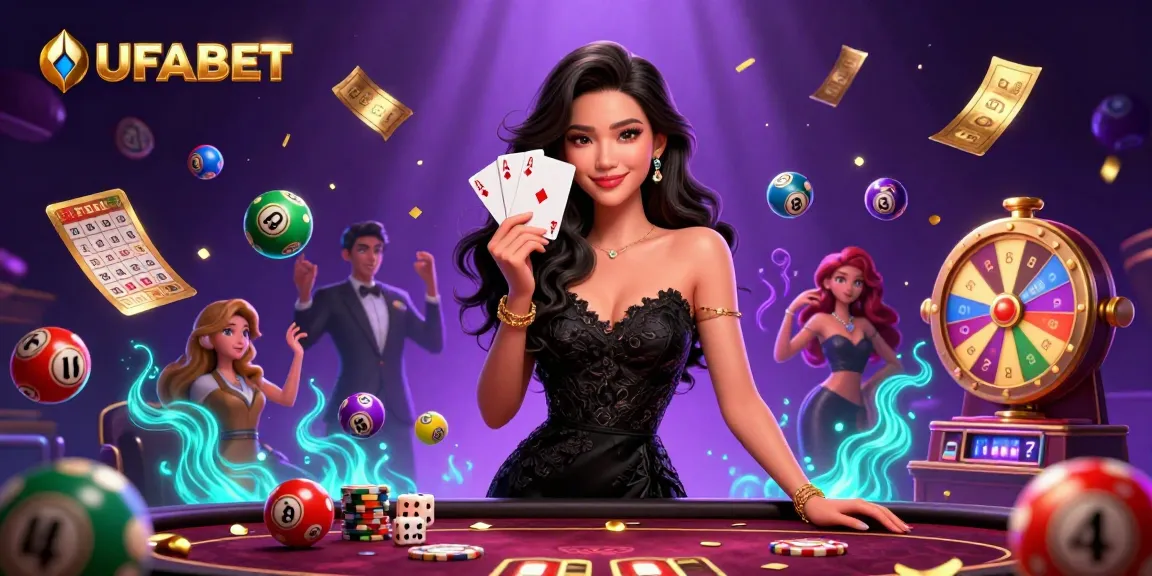 Experience the thrill of UFABET with engaging casino a scene featuring vibrant games and an elegant dealer.
