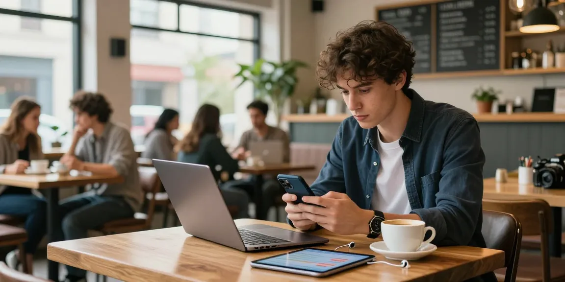 Young professional performing a phone nr search in a lively café atmosphere with tech gadgets.