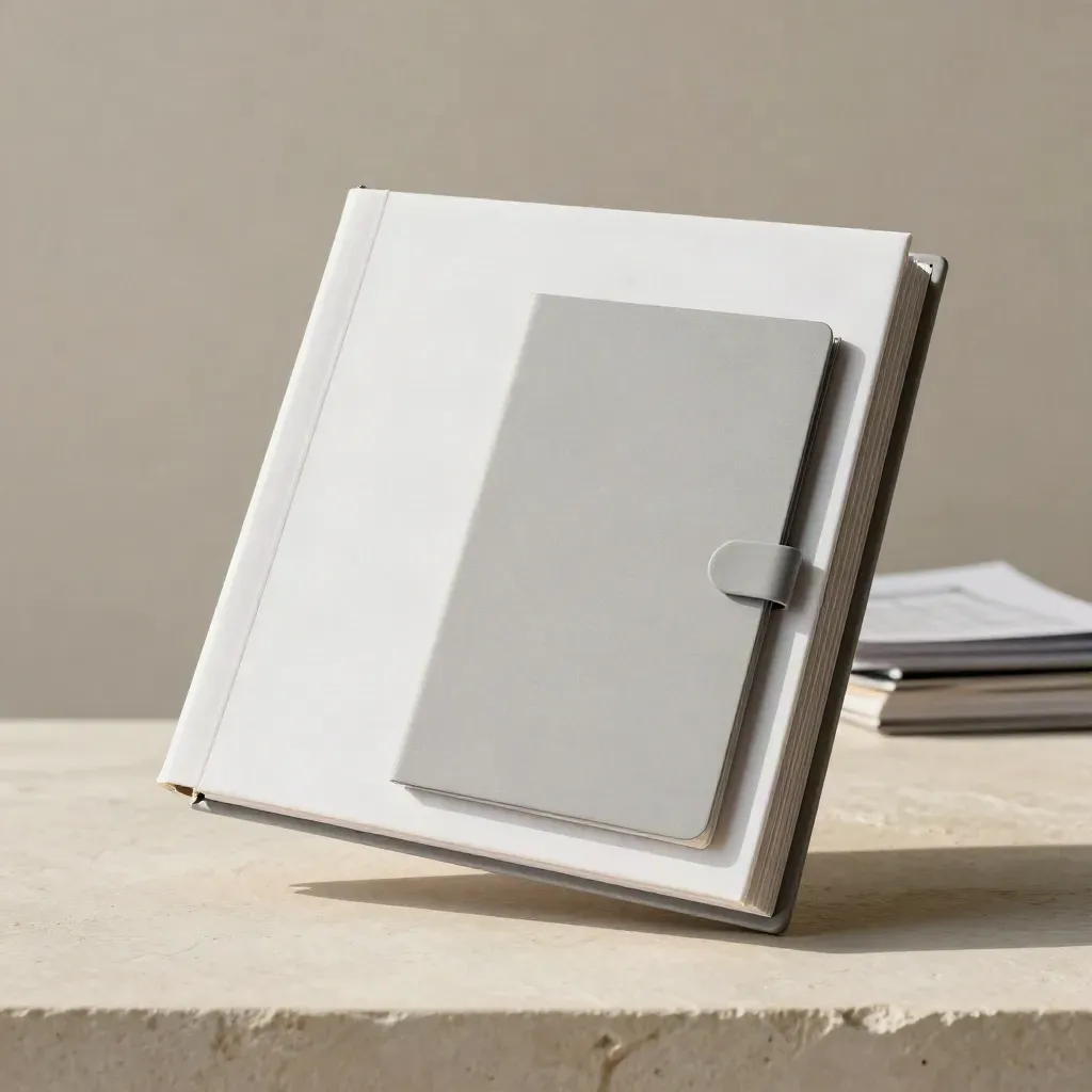 White marketing setup binder with tabbed dividers, sleeves, and clips hovering in a pale studio field.