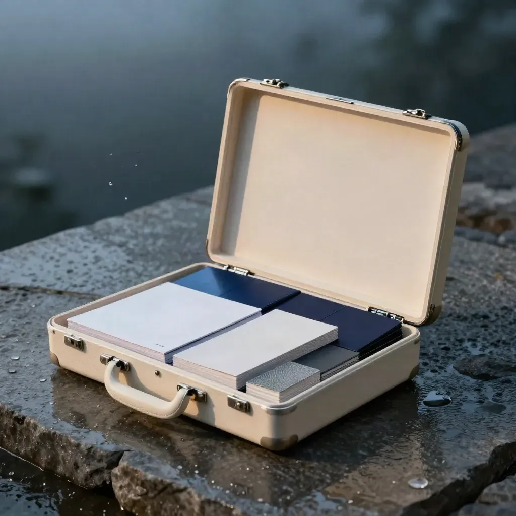 Ivory campaign kit case with blank folios, sample cards, and a report sleeve on wet stone
