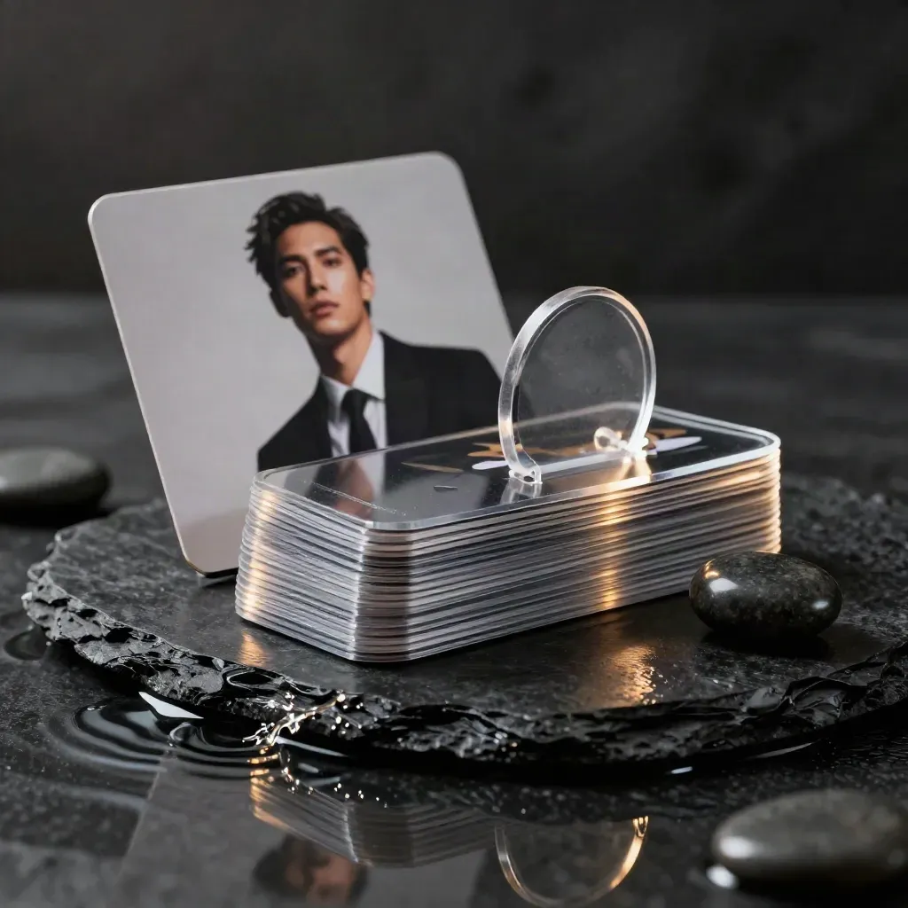 Slate marketing cards on wet basalt with acrylic spacers and pebble prop, dramatic dark studio lighting.