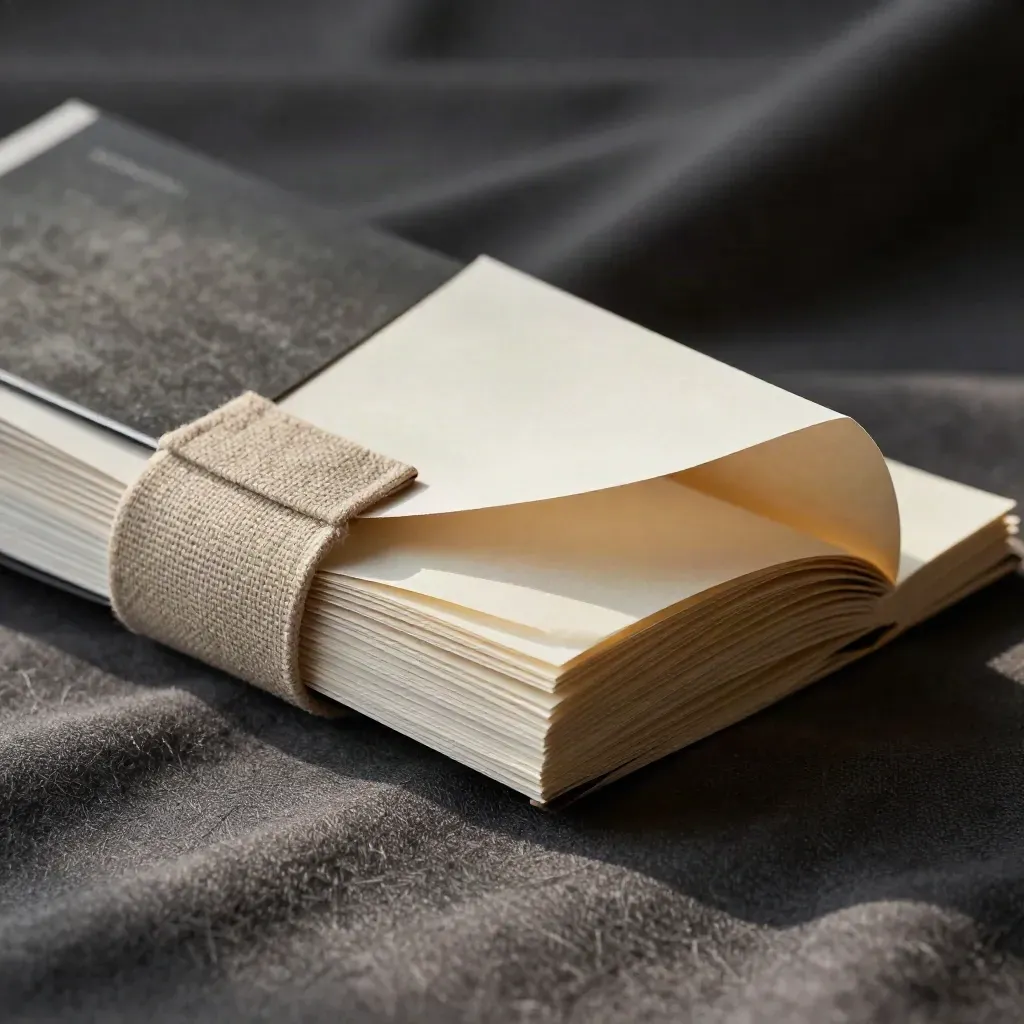 Cream copy folio with folded sheets, linen band, and metal clip half-buried in charcoal fabric