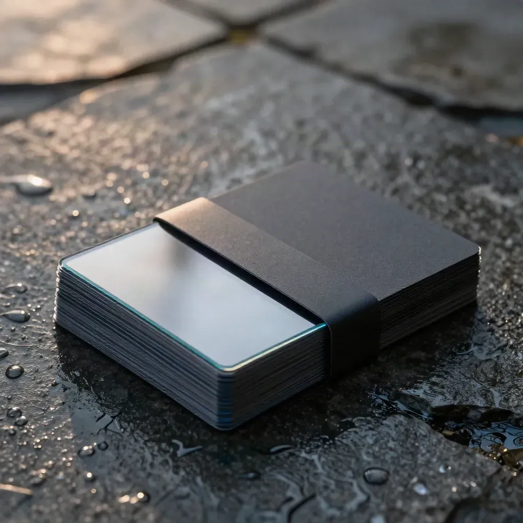 Rain-slick media launch stack with unmarked cards and blue rim light on dark stone.