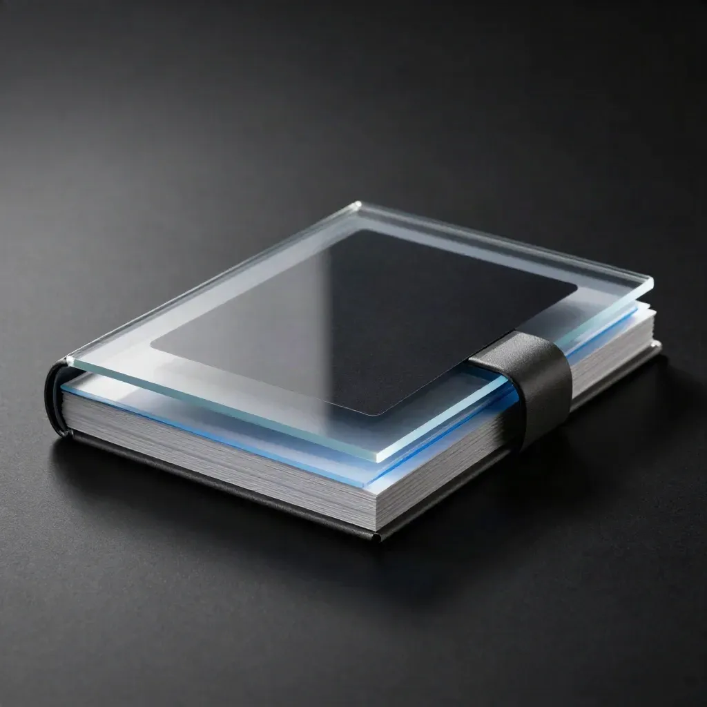 Translucent reporting deck in graphite slipcase sliding across smoked glass with blue edge light.