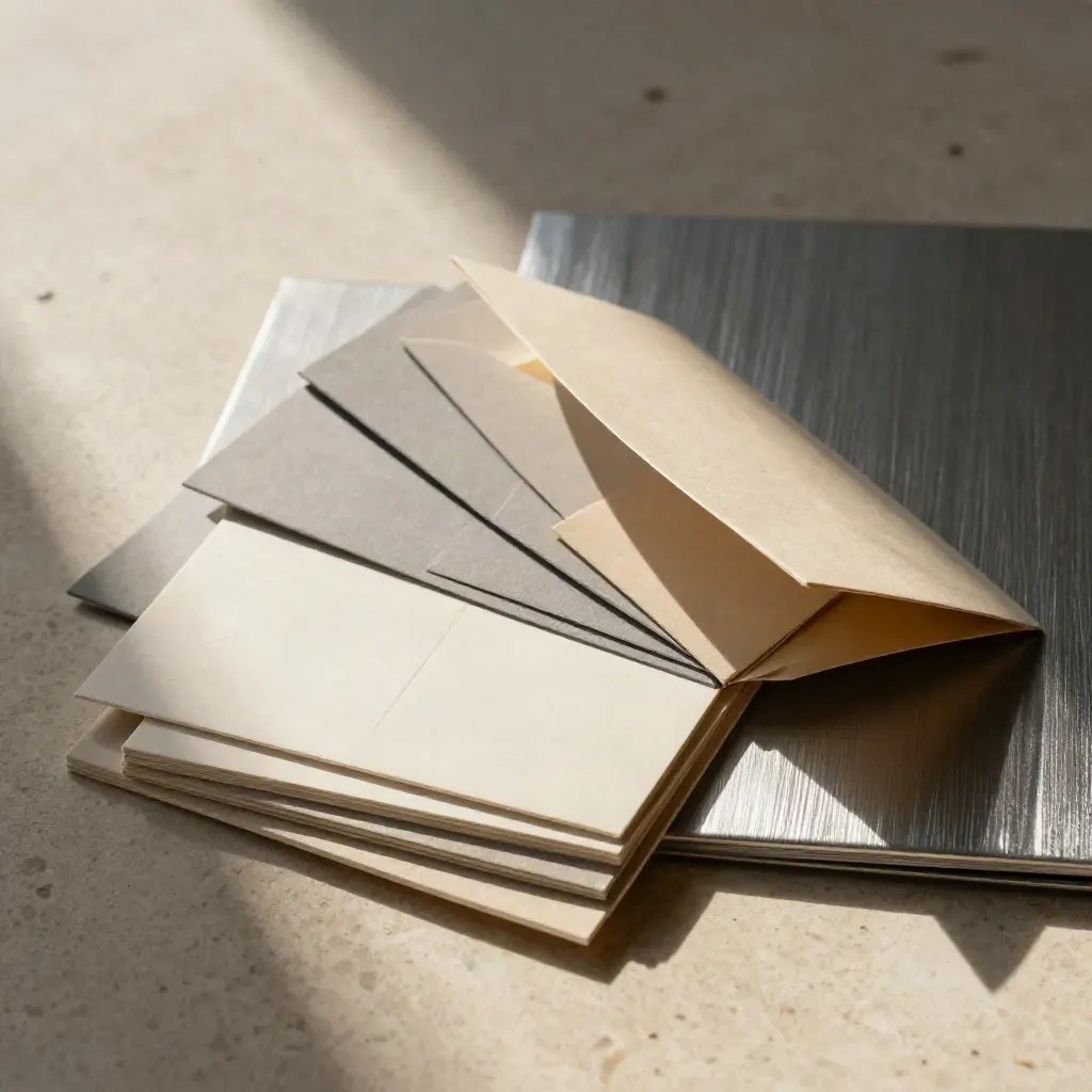 Fanned campaign cards, colour chips and a sealed envelope on brushed aluminium.