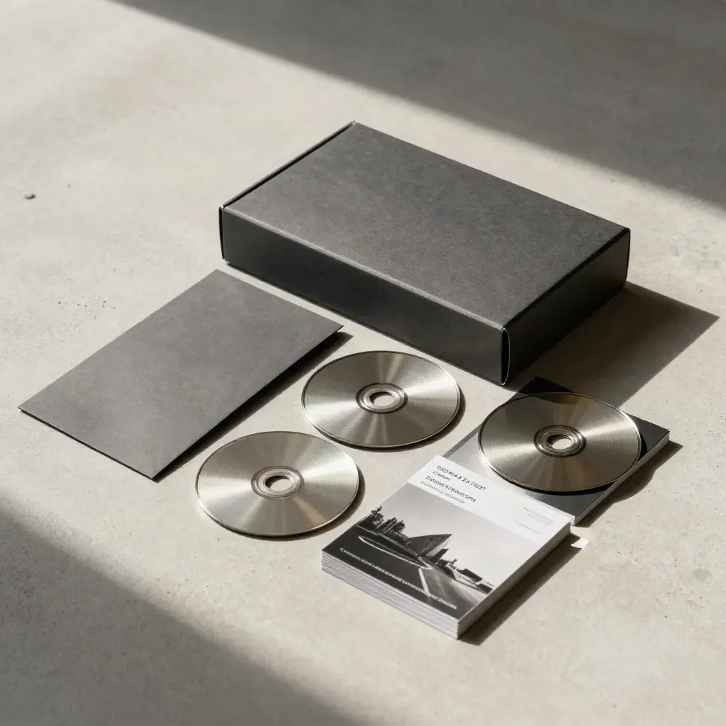 Monochrome search ads kit with box, sleeve and token discs on pale concrete.