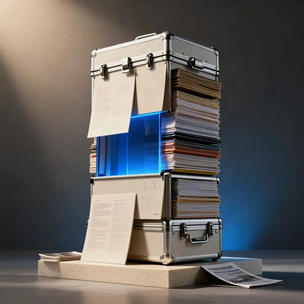 Towering campaign-case monolith with electric blue insert on a travertine plinth under hard studio light.