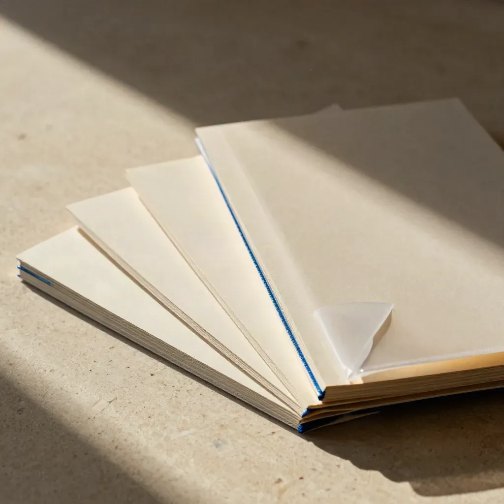 Cream SEO content pack folio opening into four article cards on pale stone, lit by hard side light.