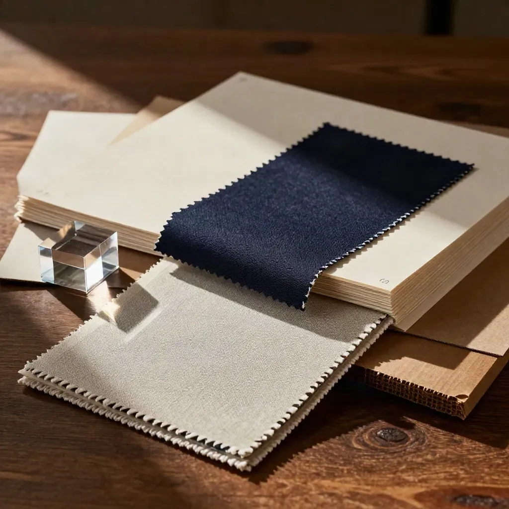 Macro of storyboard cards, fabric swatches, and acrylic blocks on dark oak table