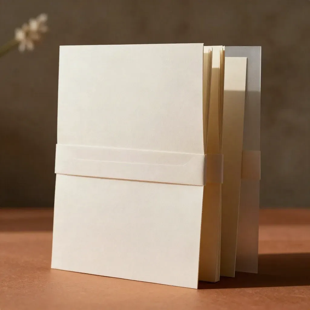 Off-white copy packet unfolding on terracotta clay with proof slips and a clasp, studio macro hero