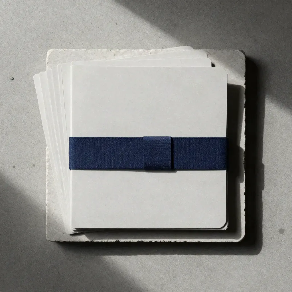 Stone Google Ads audit folder with divider cards and navy wrap band on concrete, top-down flatlay.