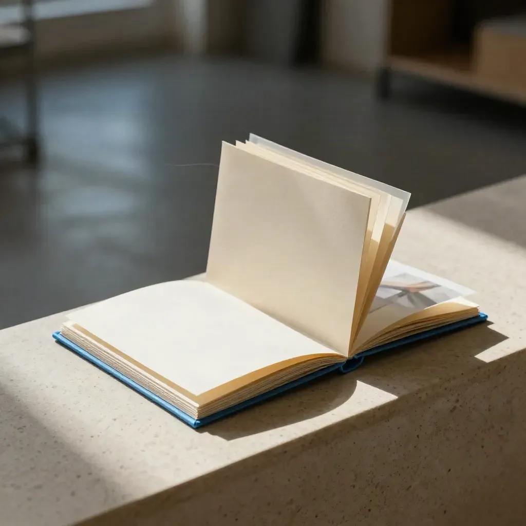 Open lead magnet booklet with blue-accented sleeve and insert cards on a travertine ledge.