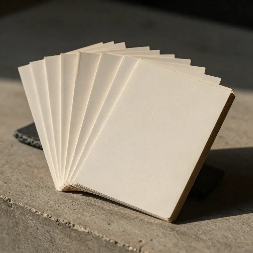 Fan of ten storyboard cards in a slim sleeve with two spacers, lit by hard side light.