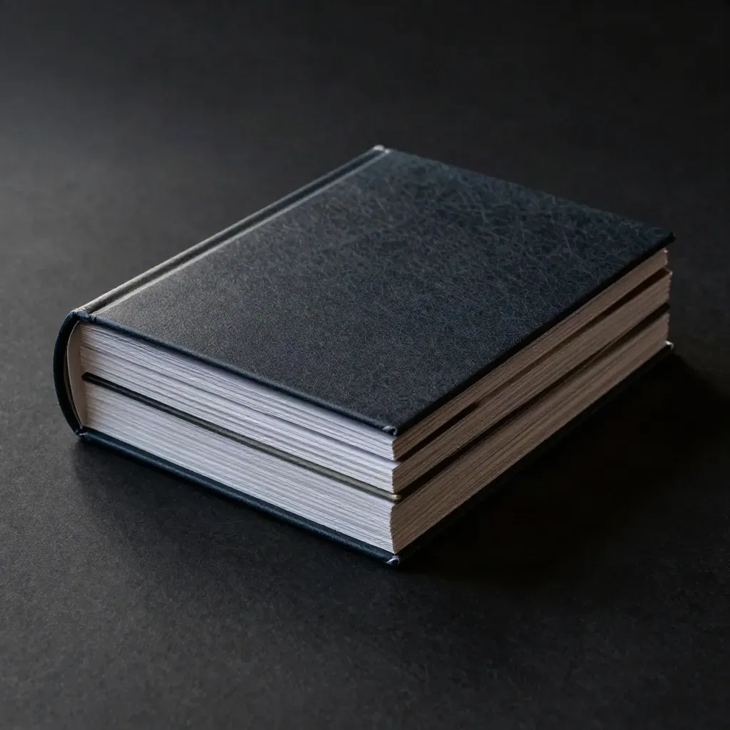 Dark retainer folio on black felt with navy accents and soft studio haze.