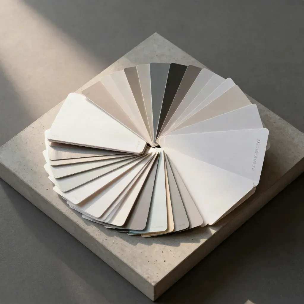 Overhead launch pack case with strategy cards, folders and white swatches on concrete