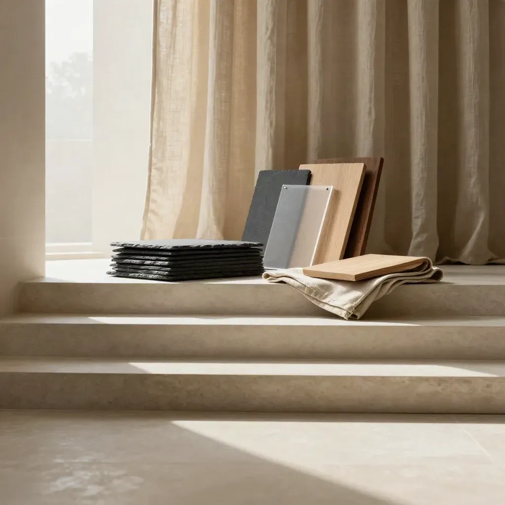 Limestone stair hall with linen curtains, slate plinth, and calm copy space in morning light