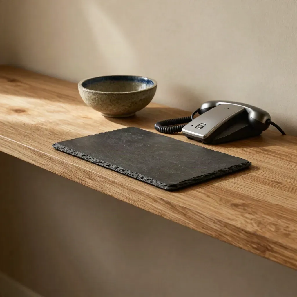 Oak media surface with tablet, phone and stone bowl in warm light