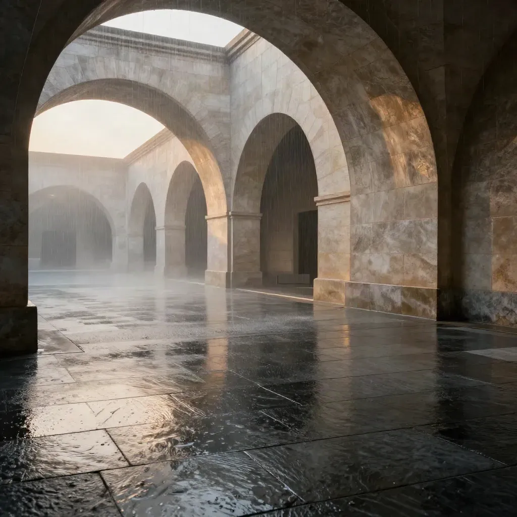 Rain-slick slate courtyard with a curved arch and high glazed opening, calm copy space below.