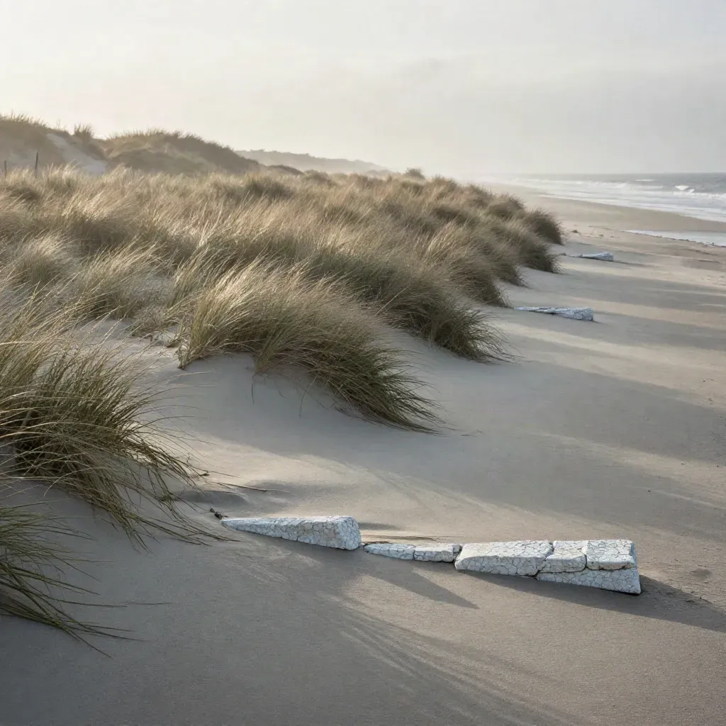 Dawn light over a misty coastal dune with pale grass and a distant sea line.