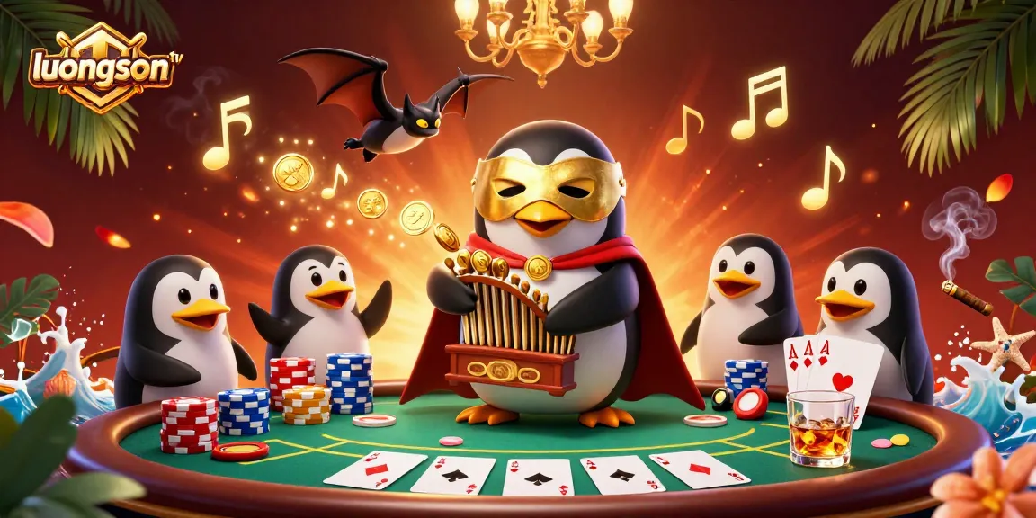 Experience the thrill of gambling at luongson tv with an exciting scene featuring golden coins, poker chips, and dynamic characters.