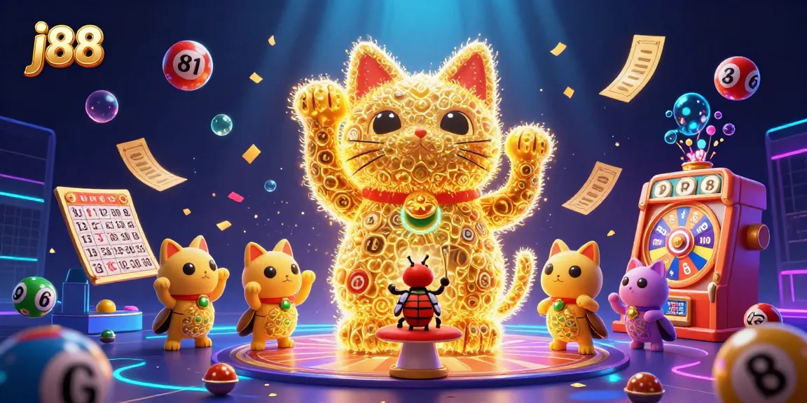 Engage with the vibrant j88 casino visuals featuring a lucky cat made of fireflies and casino symbols.