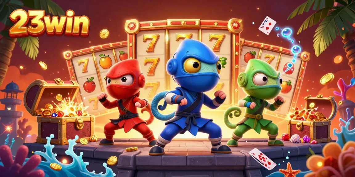 Experience the thrill of 23win with vibrant 3D chameleons and slot games surrounding them.