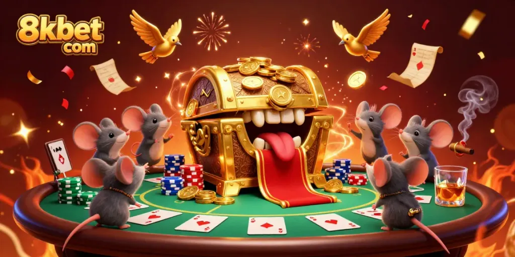 Engage with 8xbet com in a vibrant 3D casino illustration showcasing gold treasure and poker chips.