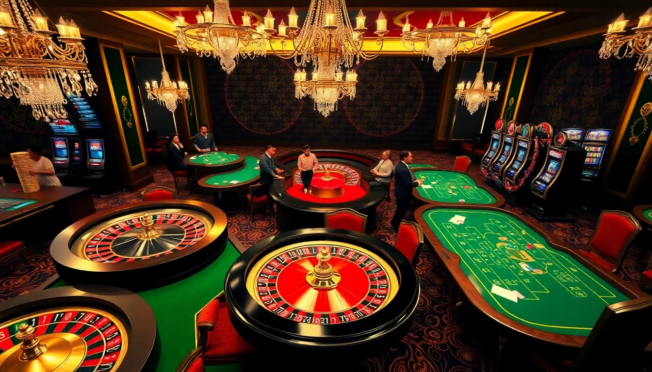 Bangsawan88 excitement showcased in a luxurious casino gaming scene with poker tables and roulette.